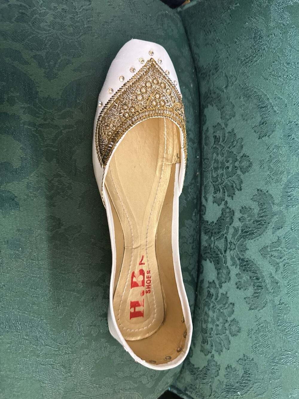 H.B. Shoes Handcrafted White and Gold Zardosi Embellished Khussa Jutti Flats siz